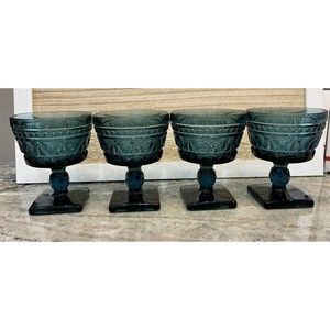 Indiana Glass Colony Park Lane Blue Pedestal Glasses Goblets Vintage Set of 4
